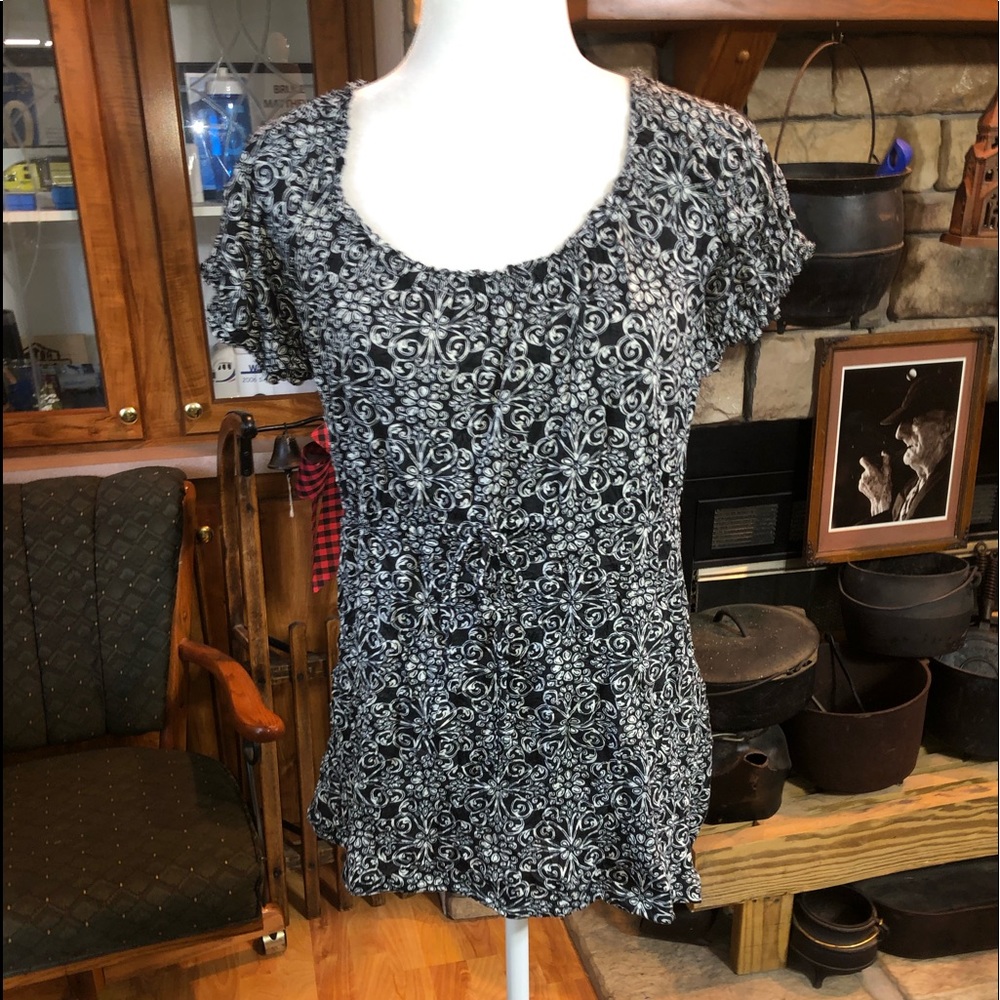 Elle Medium Black White Paisley Cap Sleeves Bow Belt